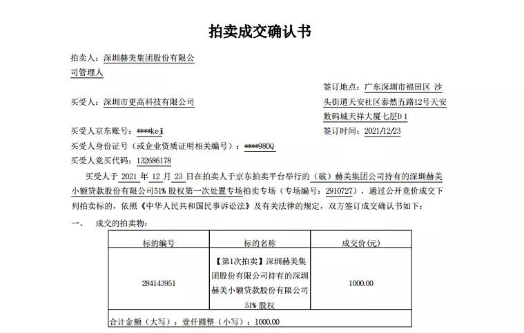 赫美集团小贷牌照拍卖转让价创新低，仅千元成交