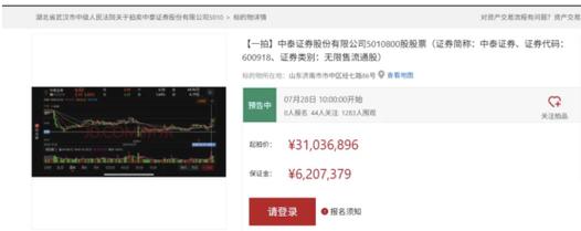 501.08万股中泰证券股票7月28日将在京东司法拍卖平台开拍